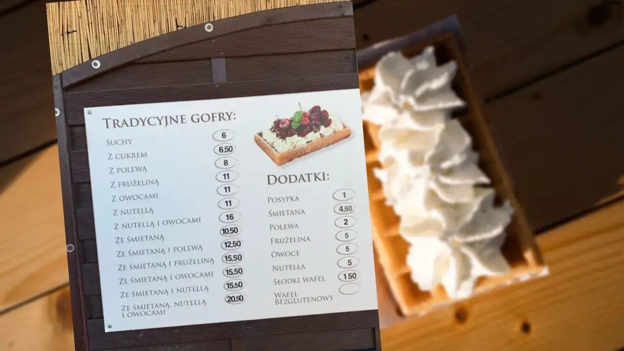 Cennik gofrów nad morzem: tradycyjne gofry od 6 zł, dodatki od 1 zł. Wafel bezglutenowy 150 zł.