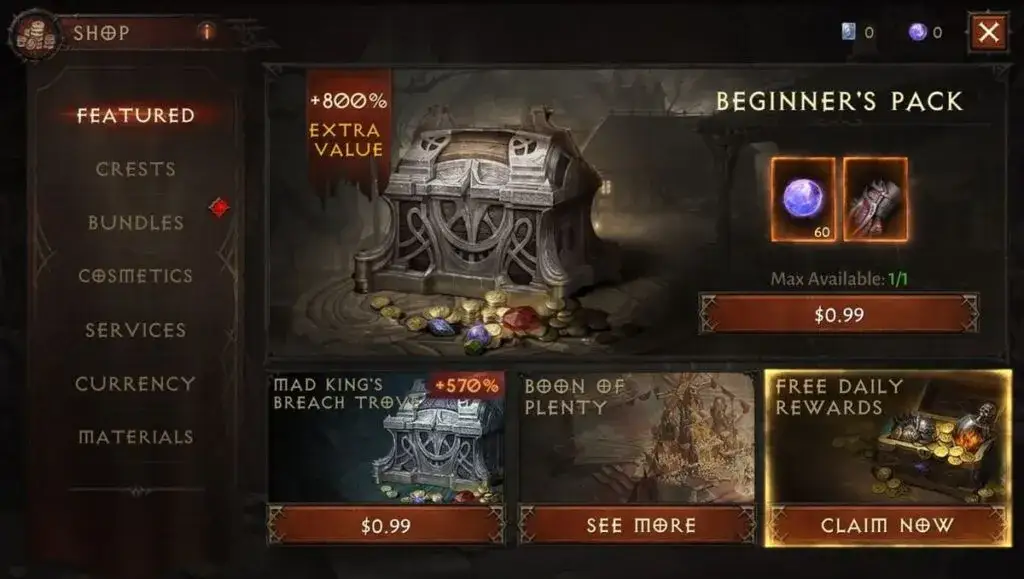 Diablo Immortal sklep mikropłatności