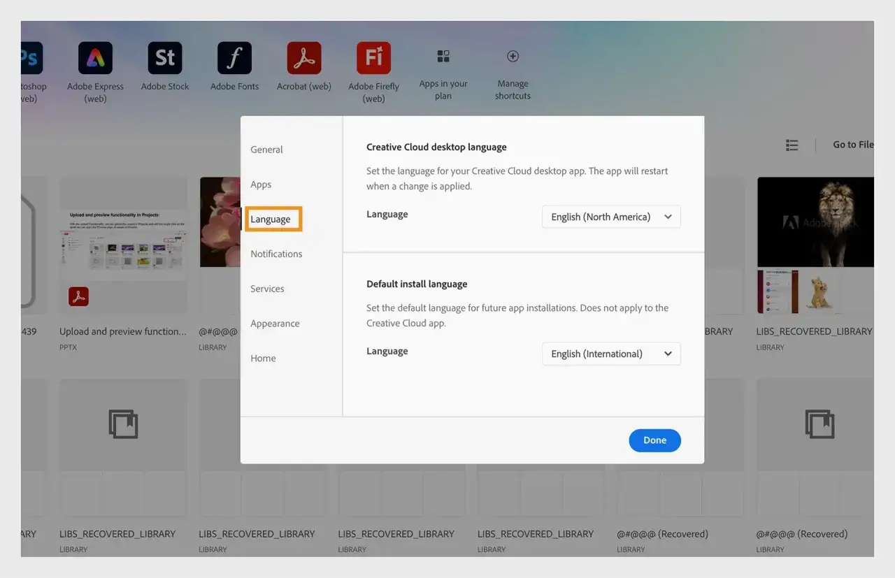Adobe Creative Cloud Desktop preferences language setting