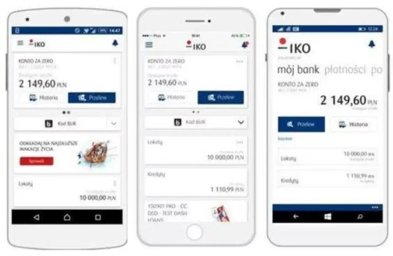 Trzy ekrany aplikacji IKO pokazują, jak pobrać aplikację IKO na telefon, prezentując saldo konta i dostępne opcje.