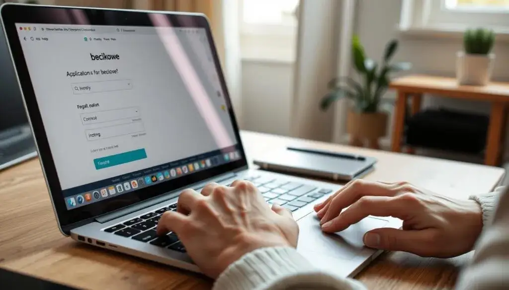 osoba wypełniająca wniosek online na laptopie