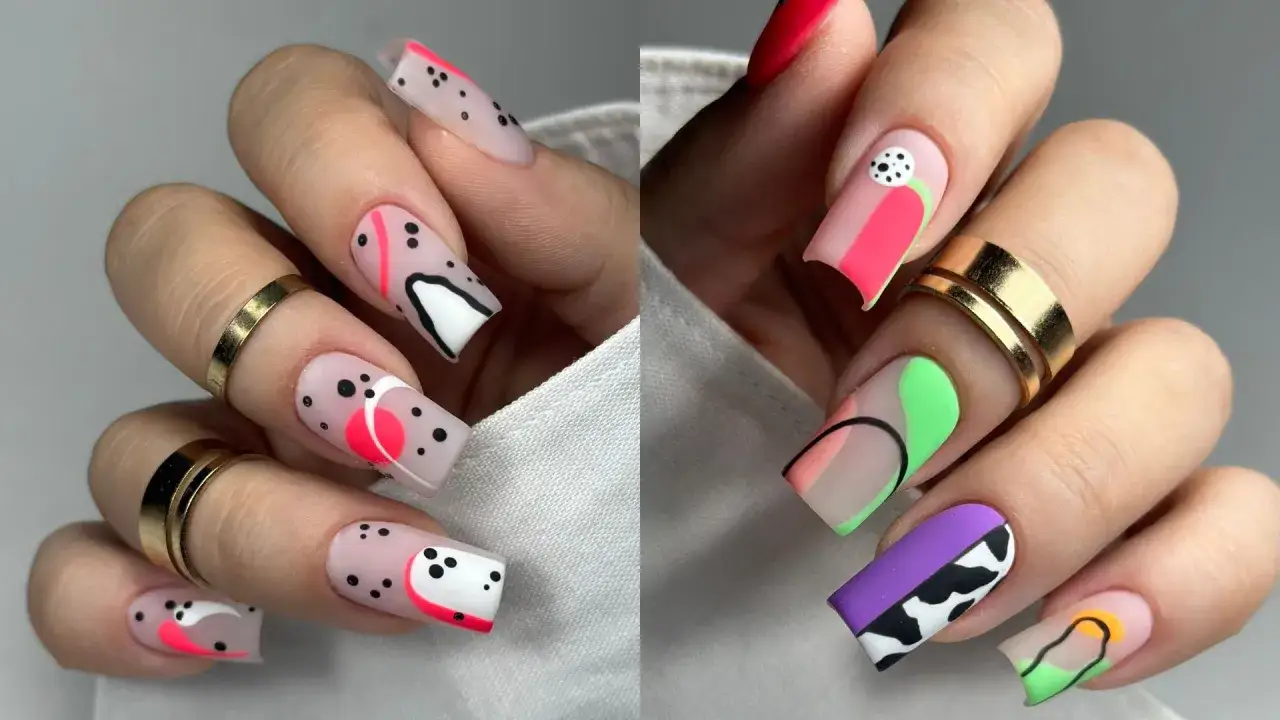 Kolorowe zdobienie paznokci wzorki na paznokcie krok po kroku: abstrakcyjne kształty, kropki i neonowe akcenty.