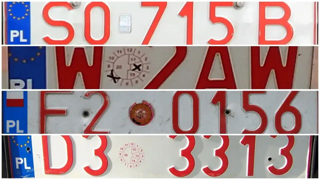 Polskie tablice rejestracyjne, w tym tymczasowe tablice rejestracyjne, z numerami SO-715B, W-AW, F2-0156, D3-3313.