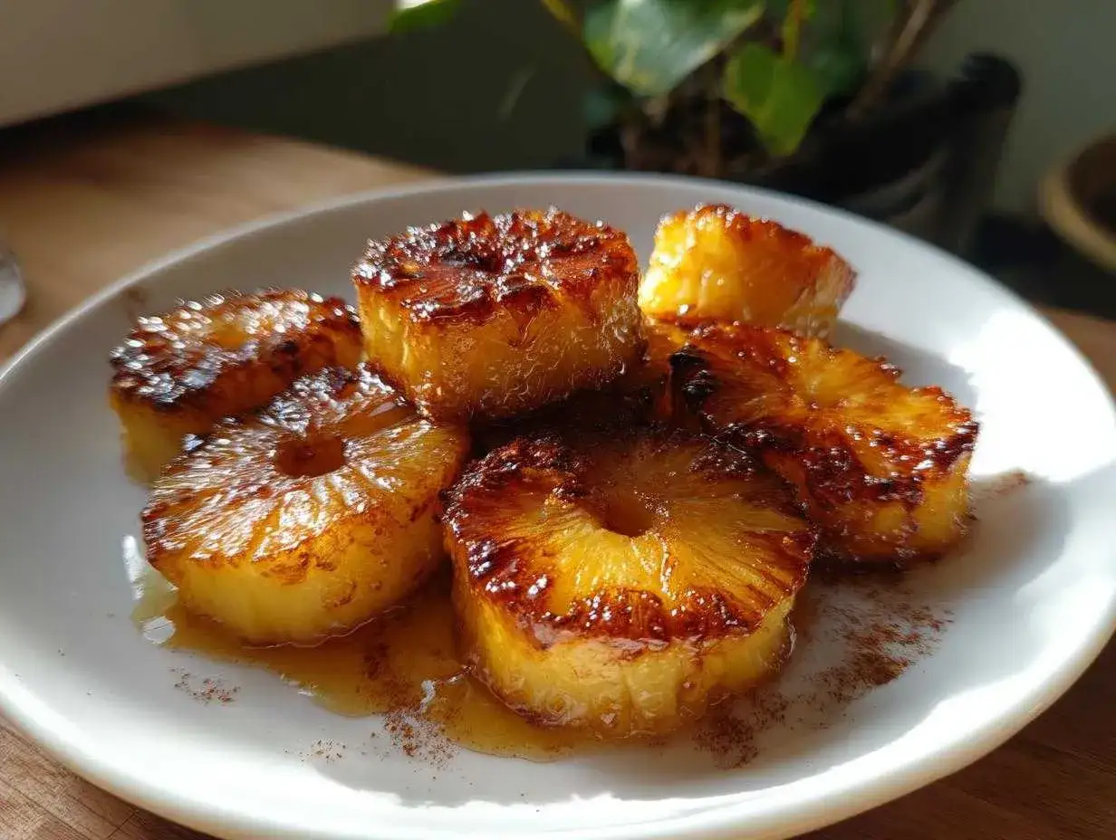 Słodki, karmelizowany ananas grillowany na talerzu, skropiony syropem i posypany cynamonem.