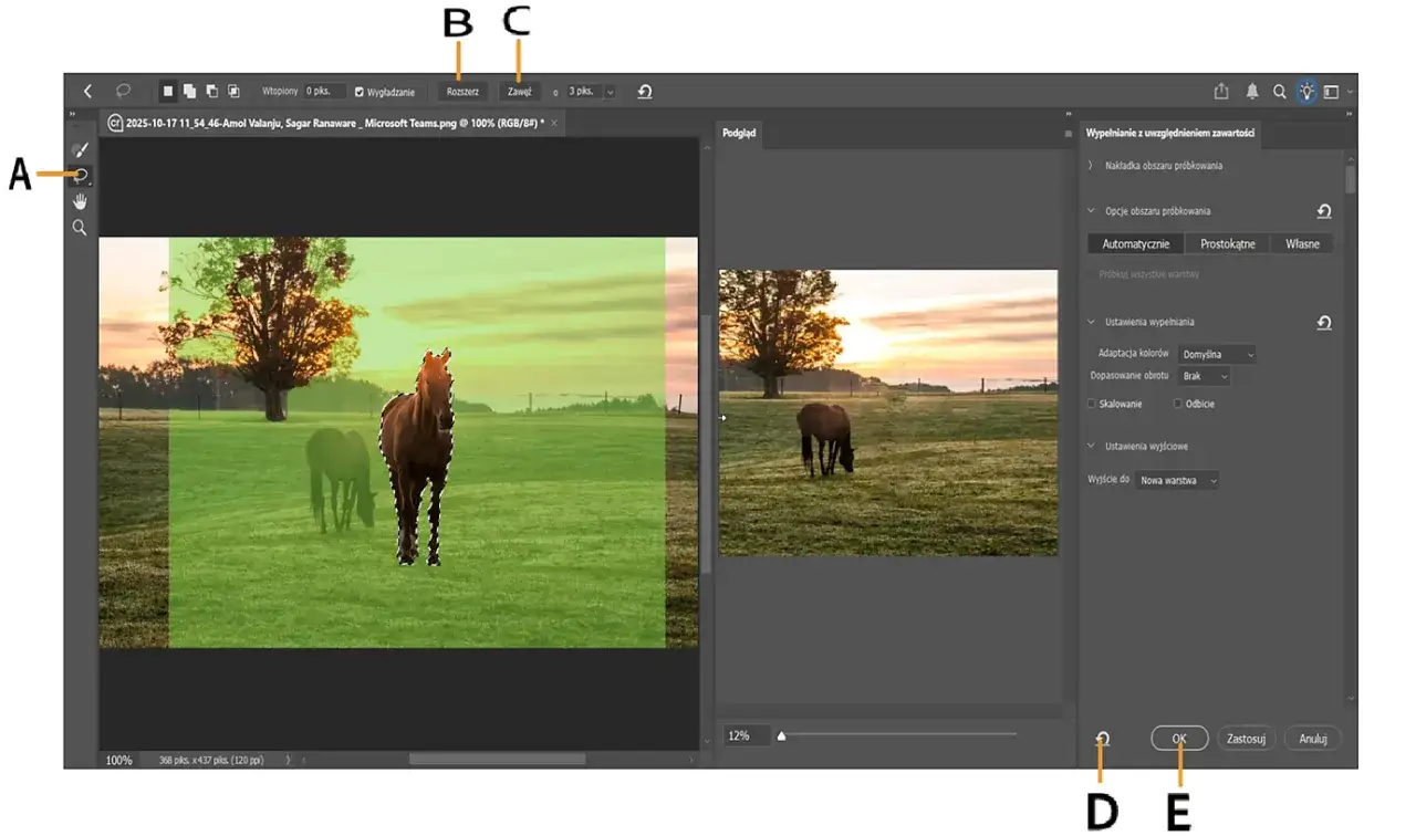 Photoshop narzędzie Kadrowanie wypełnienie z uwzględnieniem zawartości