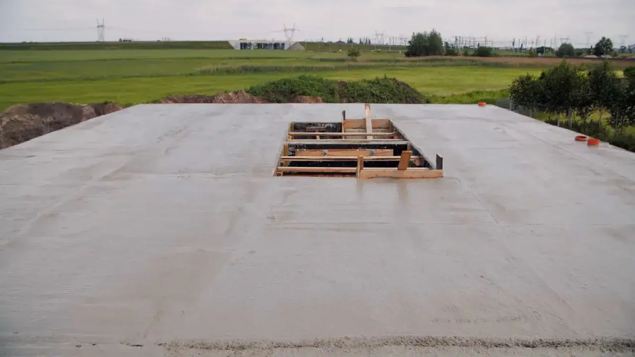 Świeży betonowy strop z widocznym szalunkiem otworu. Prawidłowe jak dbać o świeży strop to klucz do jego trwałości.