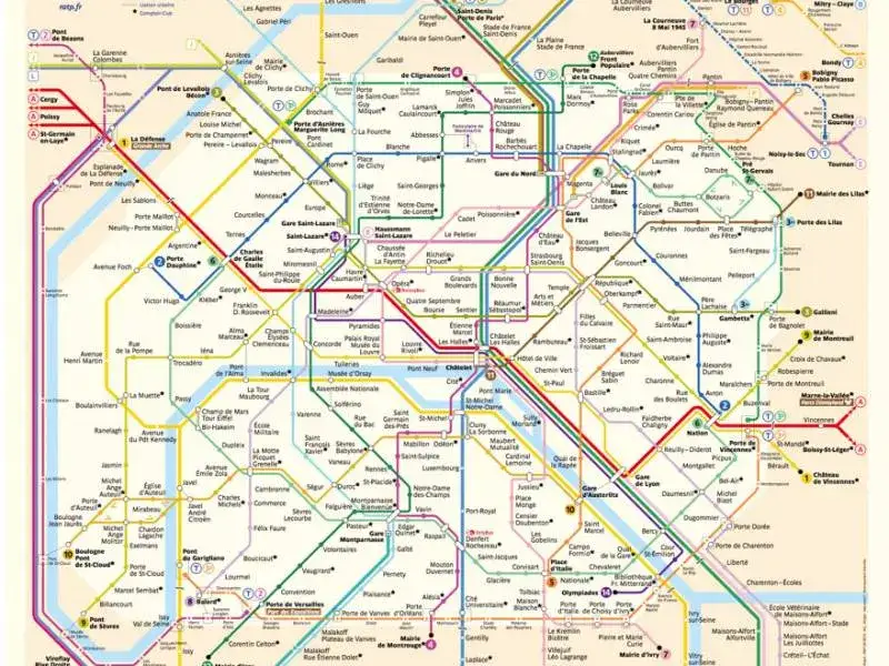 Mapa transportu publicznego Paryża (metro i RER) z zaznaczonymi strefami