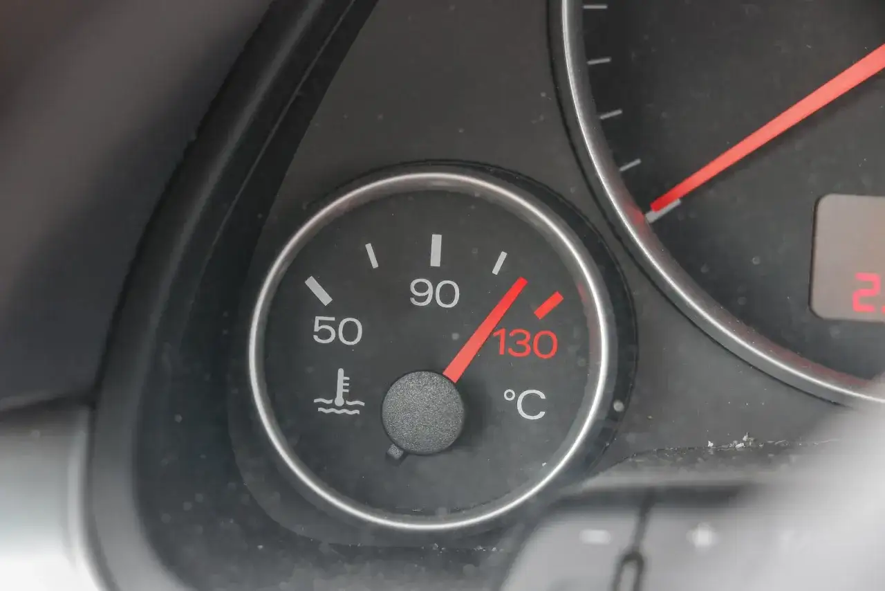 Wskaźnik kontrolki płynu chłodniczego Audi pokazuje temperaturę 130°C.