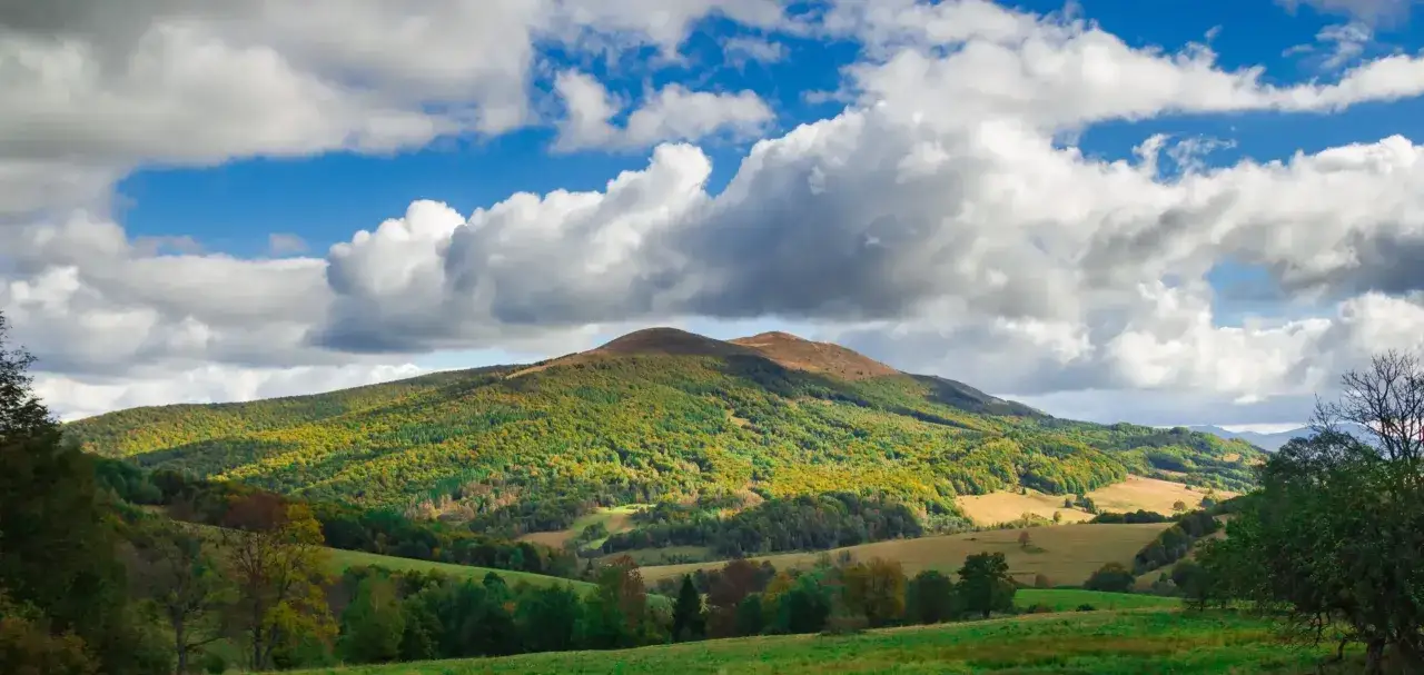 Jesienne Bieszczady, zieleń las&oacute;w przeplata się ze złotem. W oddali widać pasma g&oacute;rskie, kt&oacute;re mogą być częścią ukraińskich Karpat.