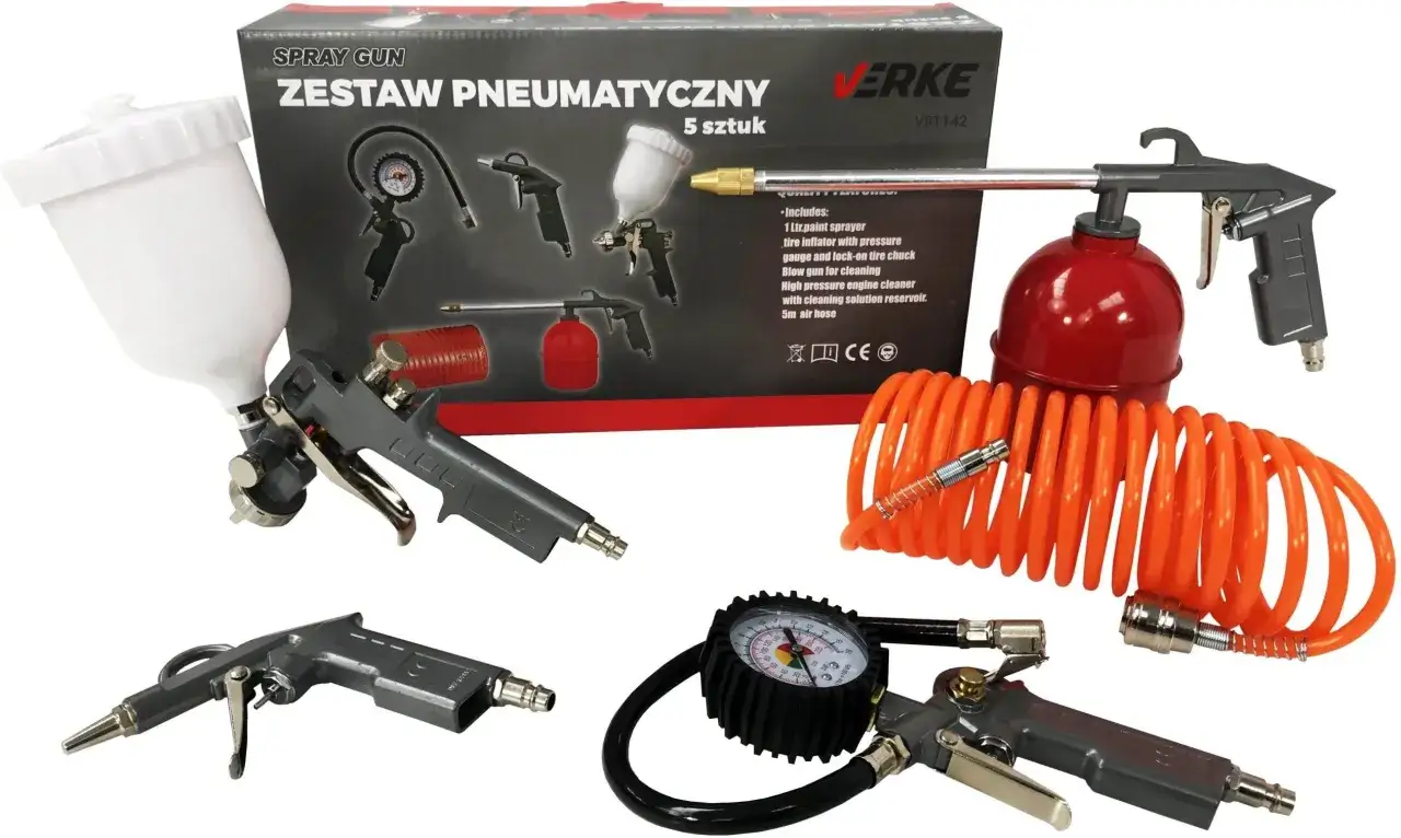 Profesjonalny pistolet do tynku natryskowego i inne narzędzia pneumatyczne w zestawie.