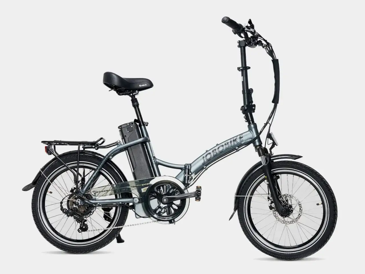Składany rower elektryczny, idealny jako tani zestaw do konwersji roweru. Ma bagażnik, błotniki i baterię.