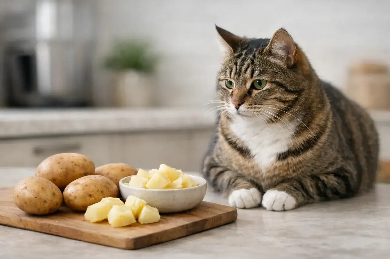 Zastanawiasz się, czy koty mogą jeść gotowane ziemniaki? Ten kotek patrzy na miseczkę z pokrojonymi ziemniakami.