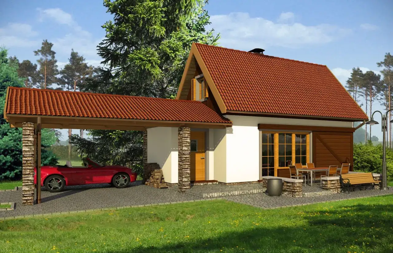 Nowoczesna wiata 70m2 bez pozwolenia, idealna na dwa samochody, zintegrowana z domem. Czerwony kabriolet czeka pod dachem.