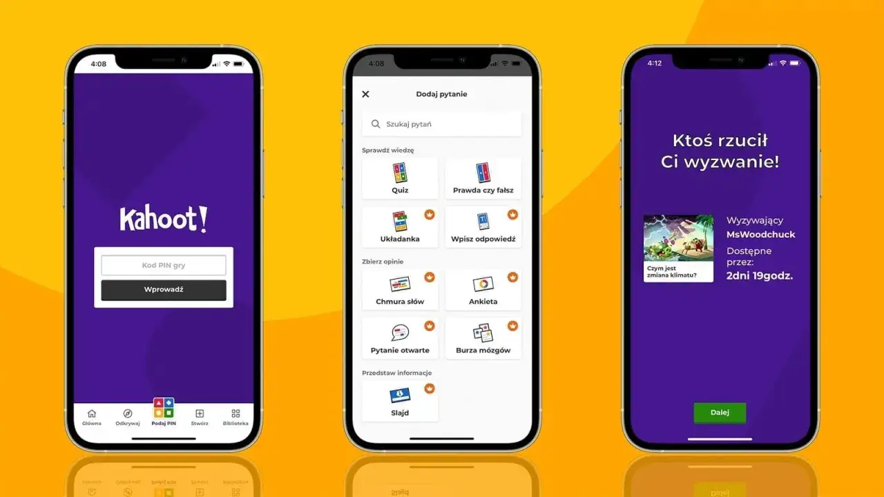 Aplikacje do nauki polskiego w formie quiz&oacute;w i wyzwań. Na ekranach widać interfejs gry Kahoot! z opcjami tworzenia pytań i podejmowania wyzwań.
