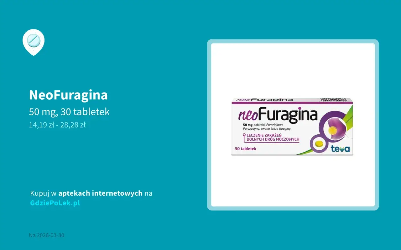 Opakowanie NeoFuraginy 50 mg, 30 tabletek. Czy furagina jest na receptę? Informacja na opakowaniu nie wskazuje na konieczność posiadania recepty.