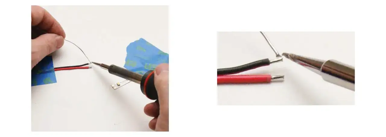 Pokazano, jak lutować ledy: ręka trzyma lutownicę, która topi cynę na przewodach.