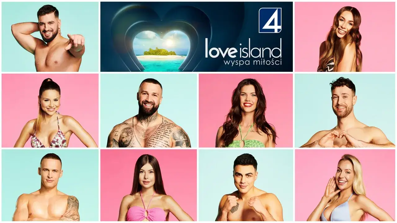 Uśmiechnięci Love Island 7 uczestnicy w letnich stylizacjach. Kolorowe tło i logo programu.
