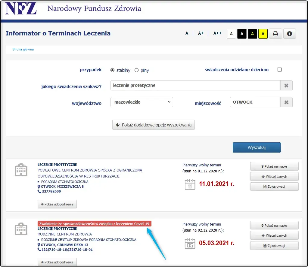 Ogólnopolski Informator o Czasie Oczekiwania NFZ zrzut ekranu