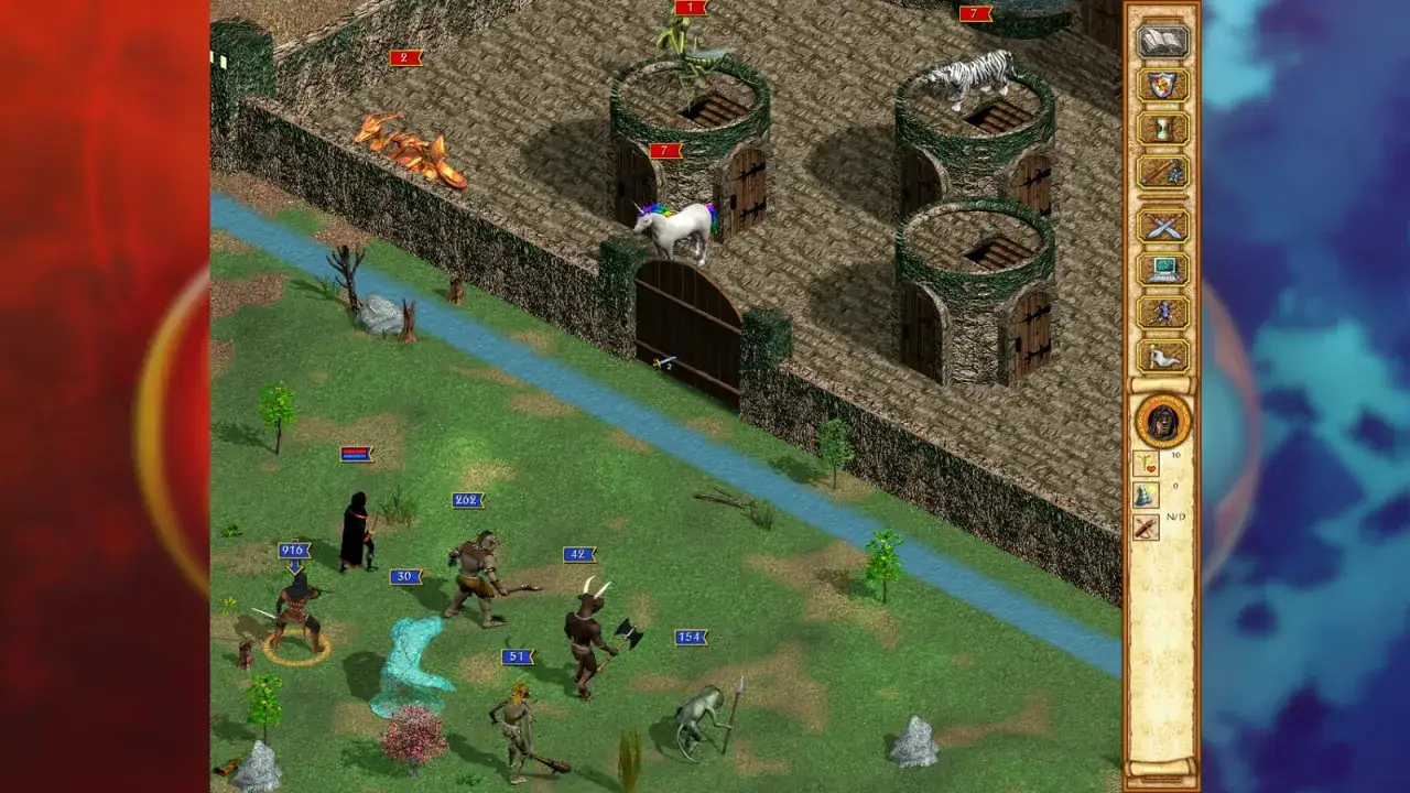 Bitwa w świecie Might and Magic: jednorożec, tygrys i smoki strzegą zamku, podczas gdy bohaterowie walczą na łące.