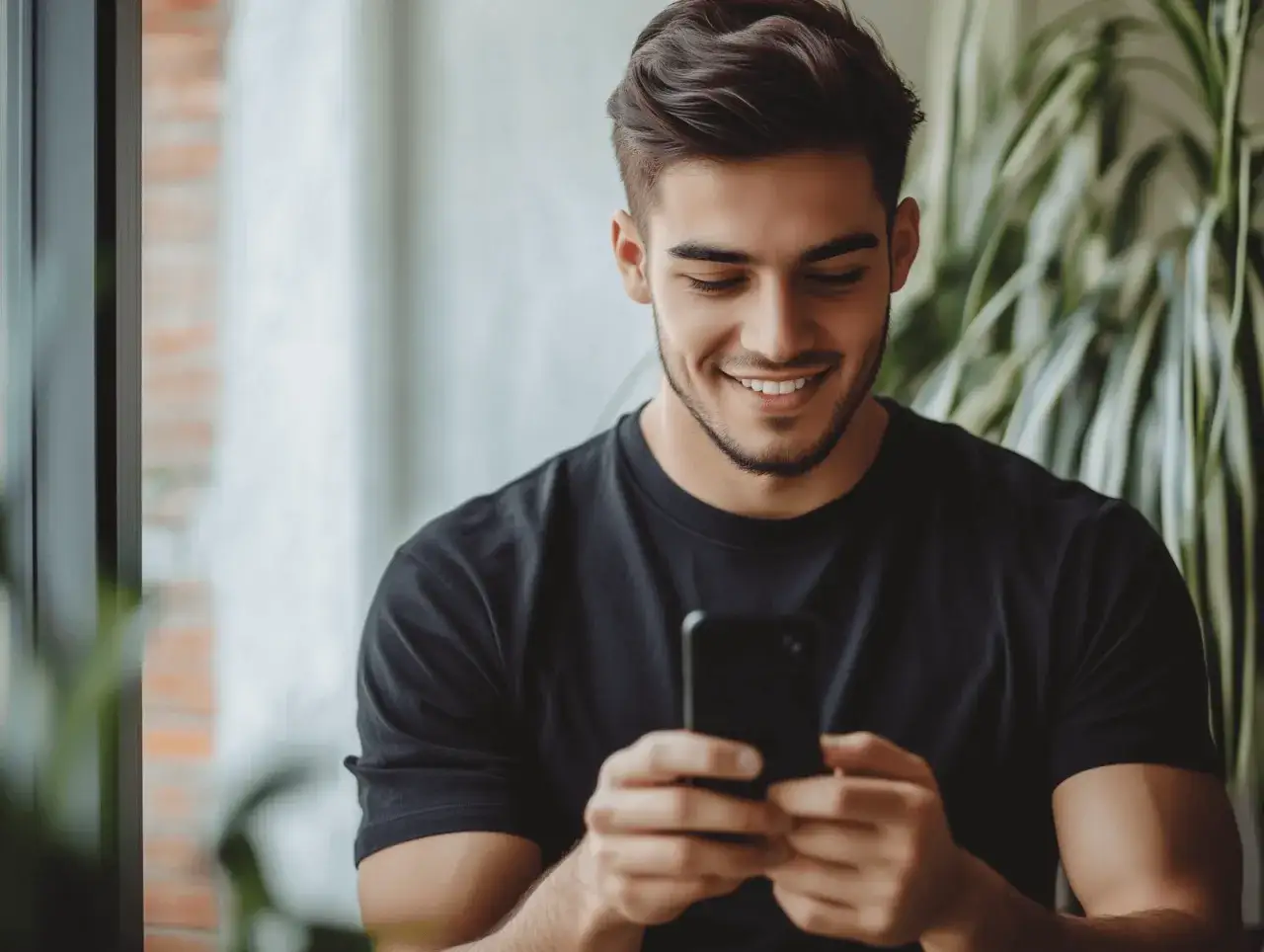 Uśmiechnięty mężczyzna z telefonem w dłoniach. Idealne zdjęcie na portal randkowy, by pokazać, że jest otwarty na nowe znajomości.