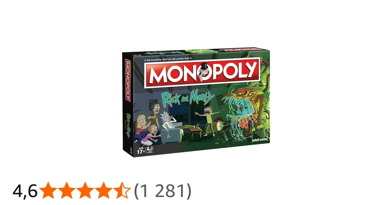 Pudełko gry Monopoly z Rickiem i Morty'm, gdzie Rick i Morty uciekają przed potworem.