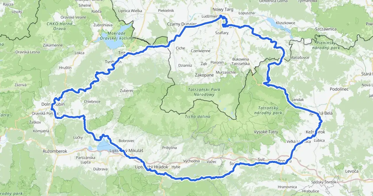 Mapa przedstawia historyczno kulturowo przyrodniczy szlak wokół Tatr, łączący polskie i słowackie miejscowości, parki narodowe i malownicze tereny.
