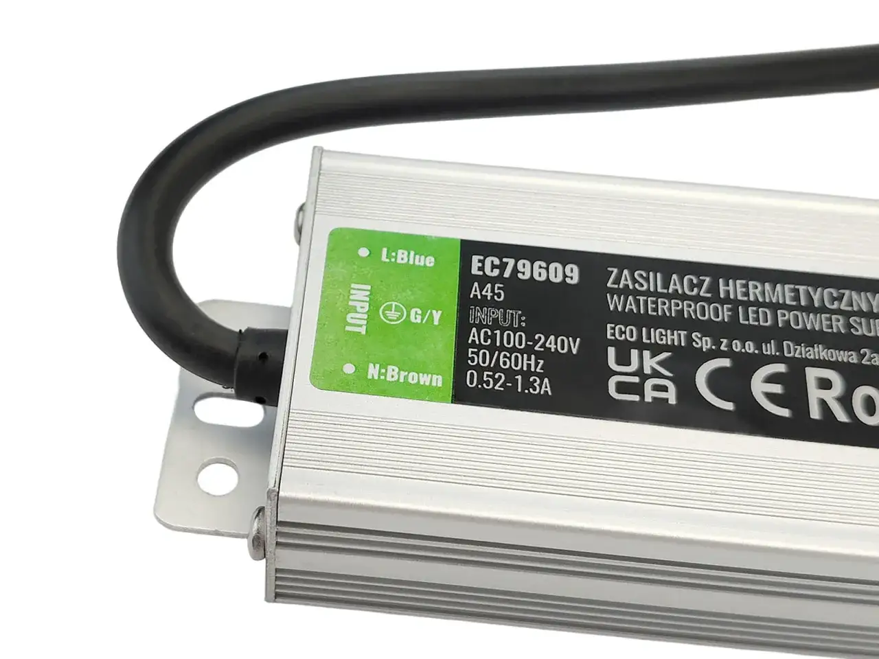 Zasilacz hermetyczny, wodoodporny do LED, model EC79609, z kablem zasilającym.