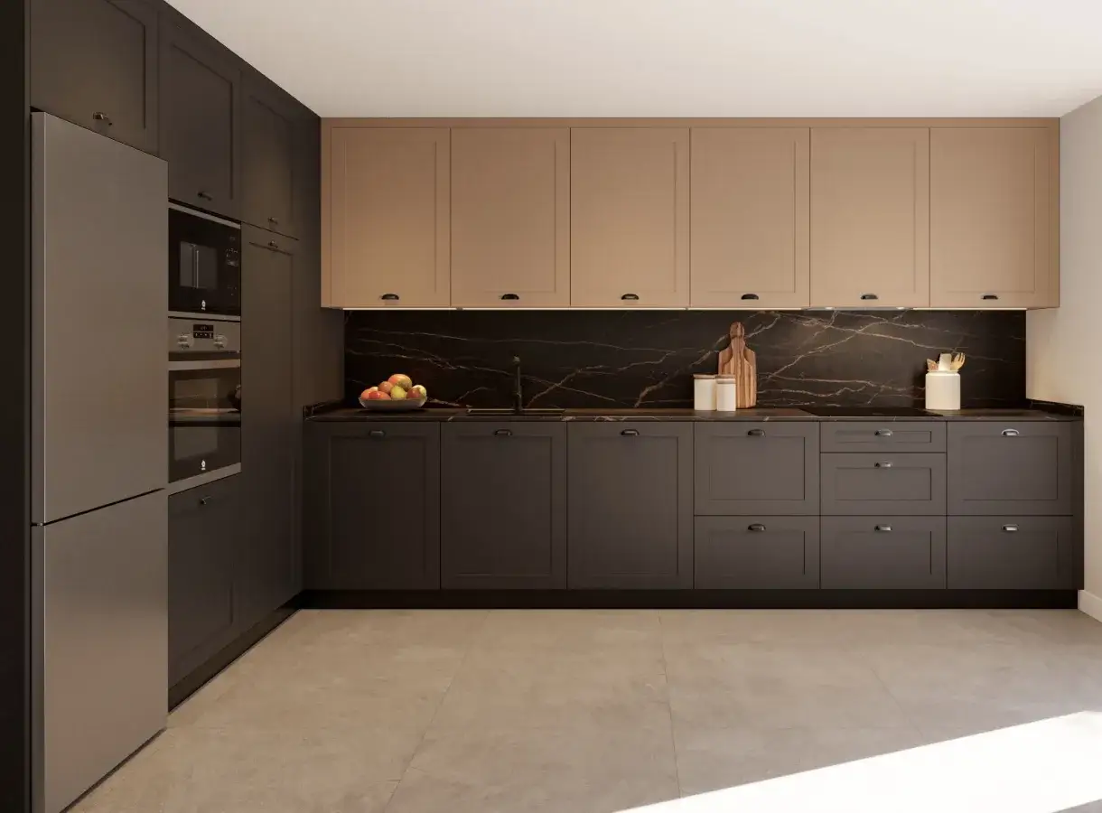 Cocina moderna con muebles de cocina fabricantes de alta calidad, encimeras oscuras y electrodomésticos integrados.