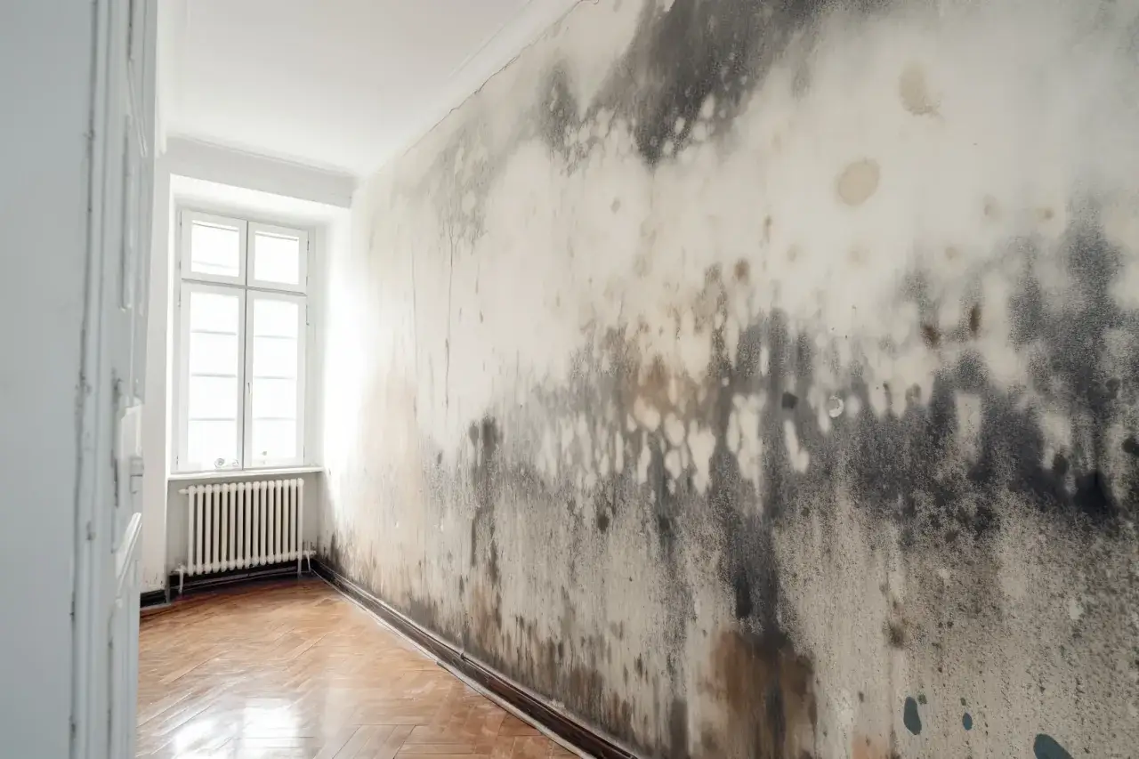 Widoczna wilgoć na ścianach, czarne i szare plamy pleśni rozprzestrzeniają się po jasnej powierzchni.