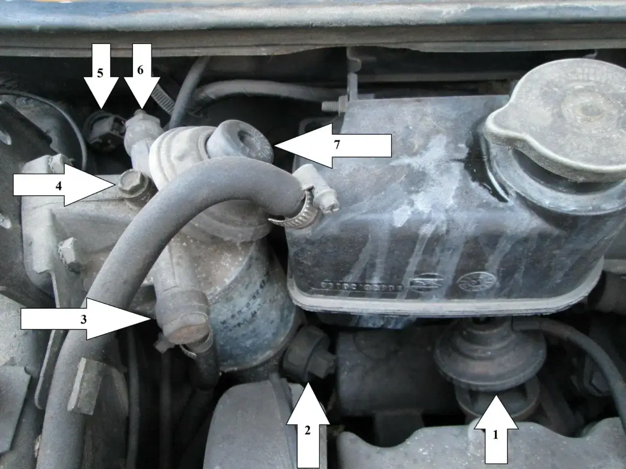 Gdzie jest filtr paliwa? Strzałki 3 i 4 wskazują jego lokalizację w komorze silnika.