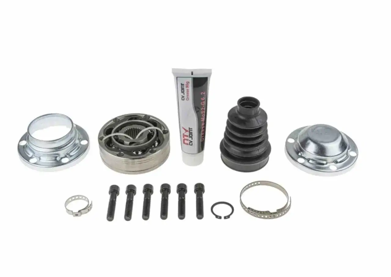 Zestaw do wymiany przegubu zewnętrznego: przegub, osłona, smar, śruby i obejmy. Dowiedz się, jak sprawdzić przegub zewnętrzny.