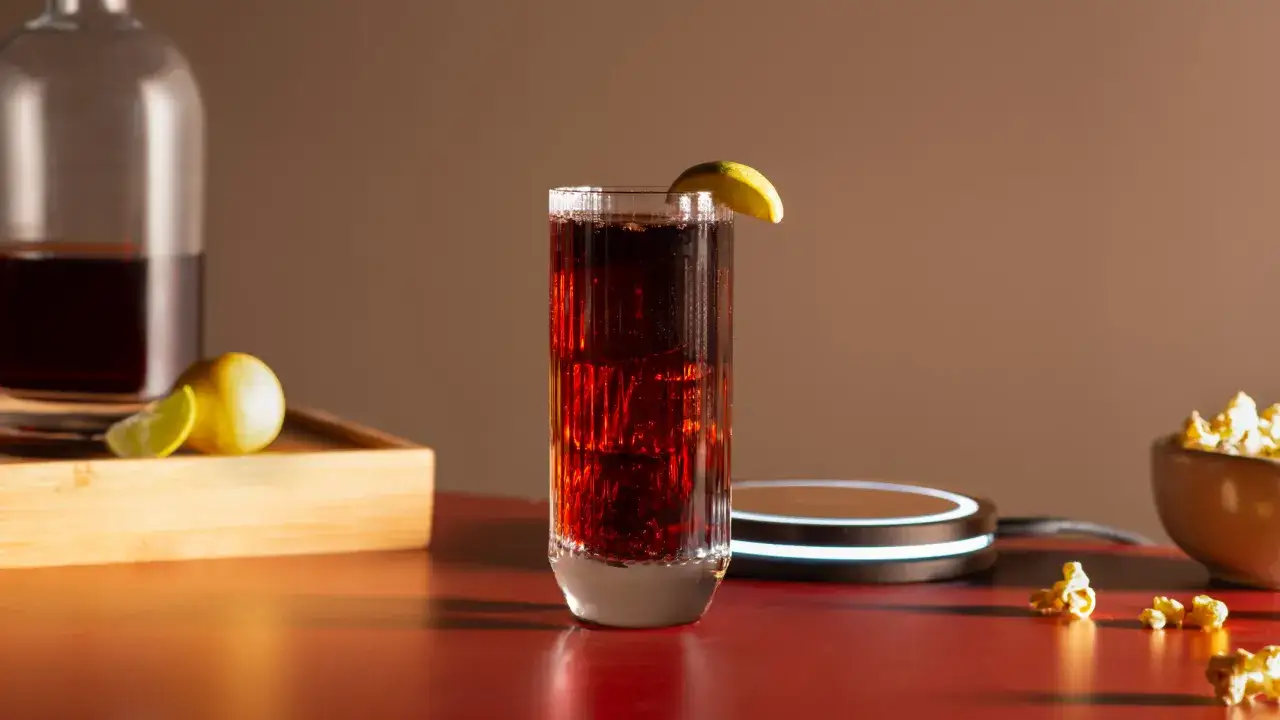 Orzeźwiający Cuba Libre z limonką, lodem i butelką rumu w tle. Idealny na wieczór z popcornem.