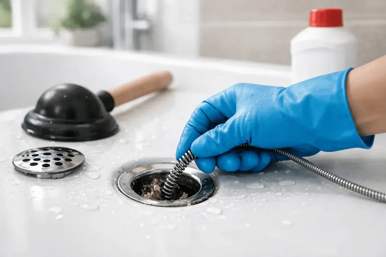 Ręka w niebieskiej rękawiczce czyści odpływ. Czy hydraulik zajmuje się grzejnikami? Tak, hydraulik zajmuje się też udrażnianiem rur.