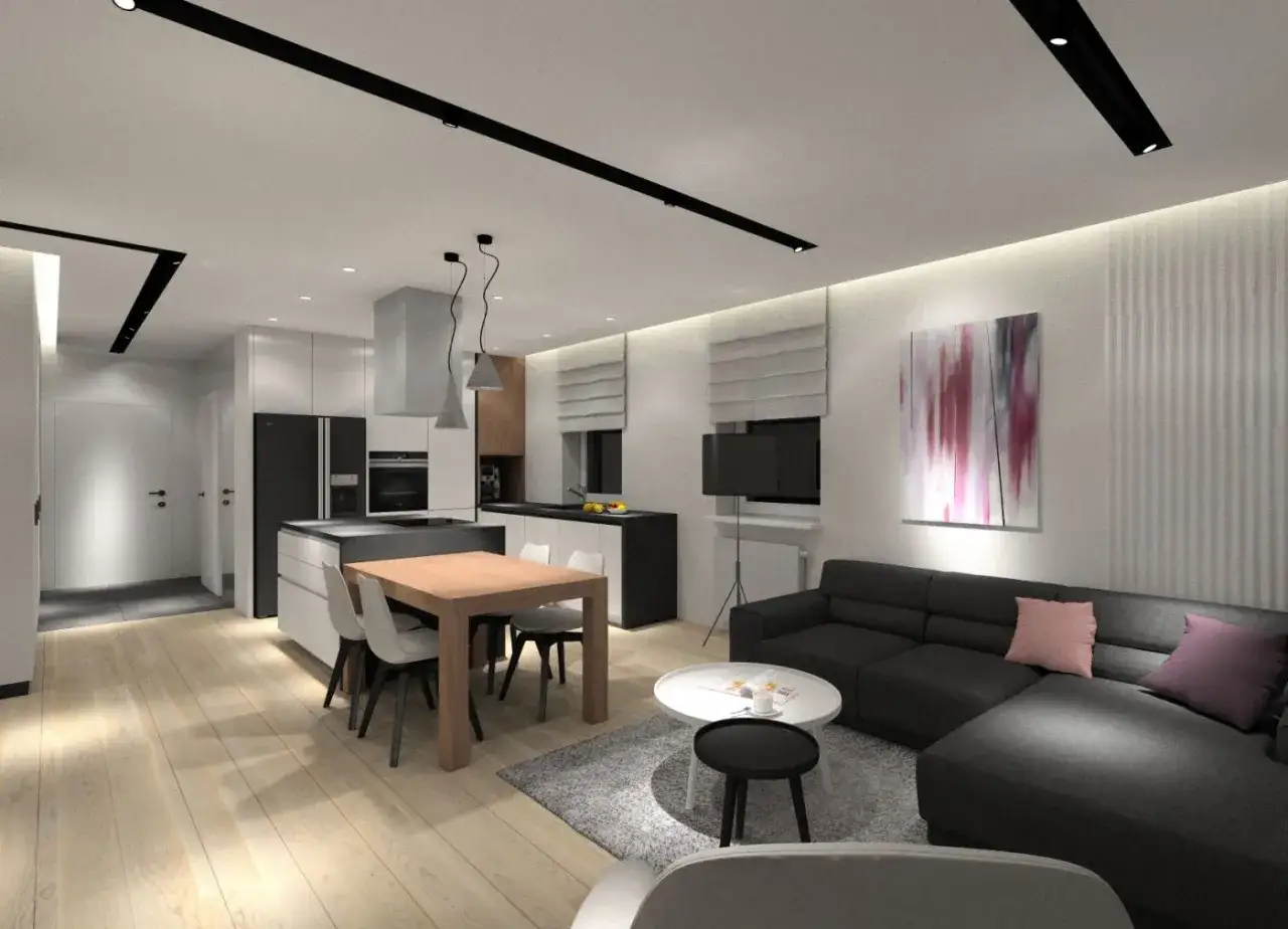 Nowoczesne oświetlenie wpuszczane podkreśla minimalistyczny styl kuchni i salonu z jadalnią.