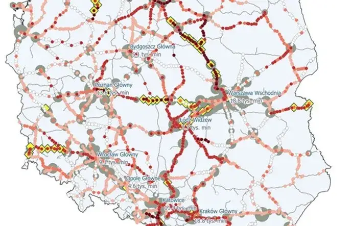 Mapa Polski op&oacute;źnienia pociąg&oacute;w, awarie kolei