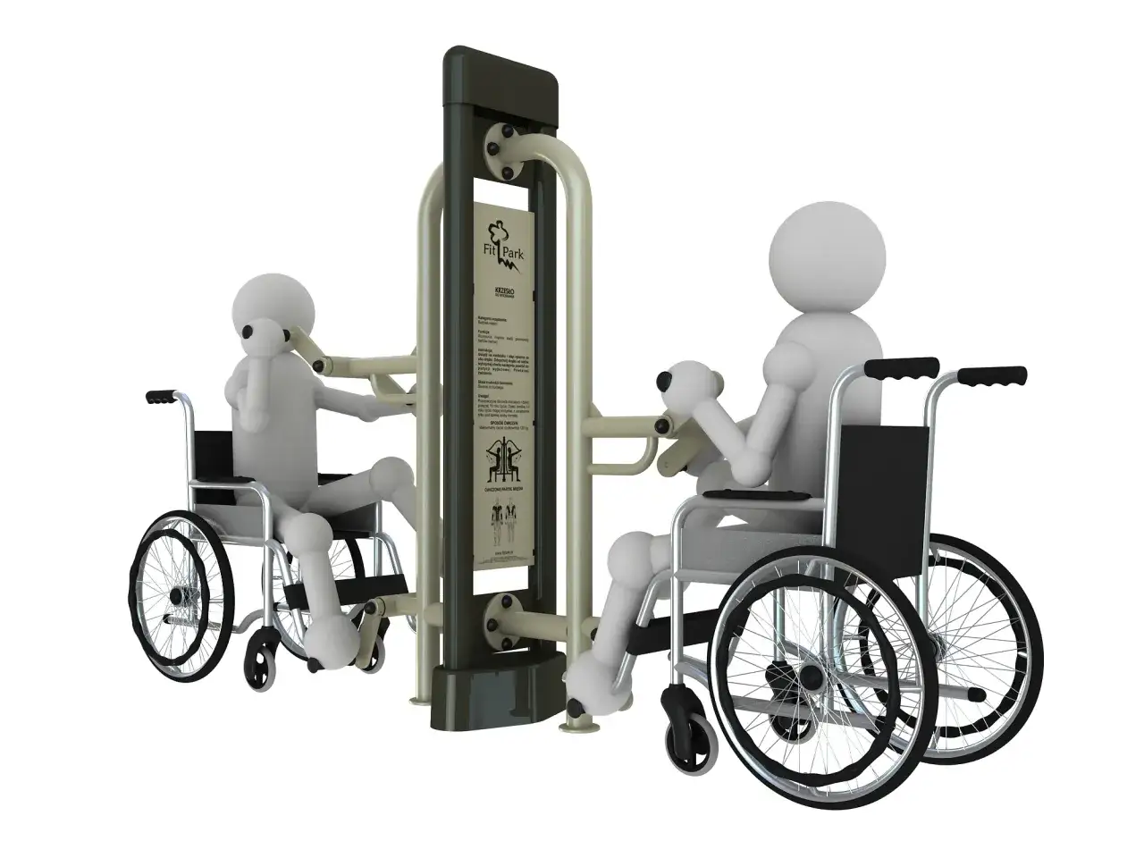 Dwie postacie na wózkach inwalidzkich ćwiczą na urządzeniu do siłowni dla niepełnosprawnych.