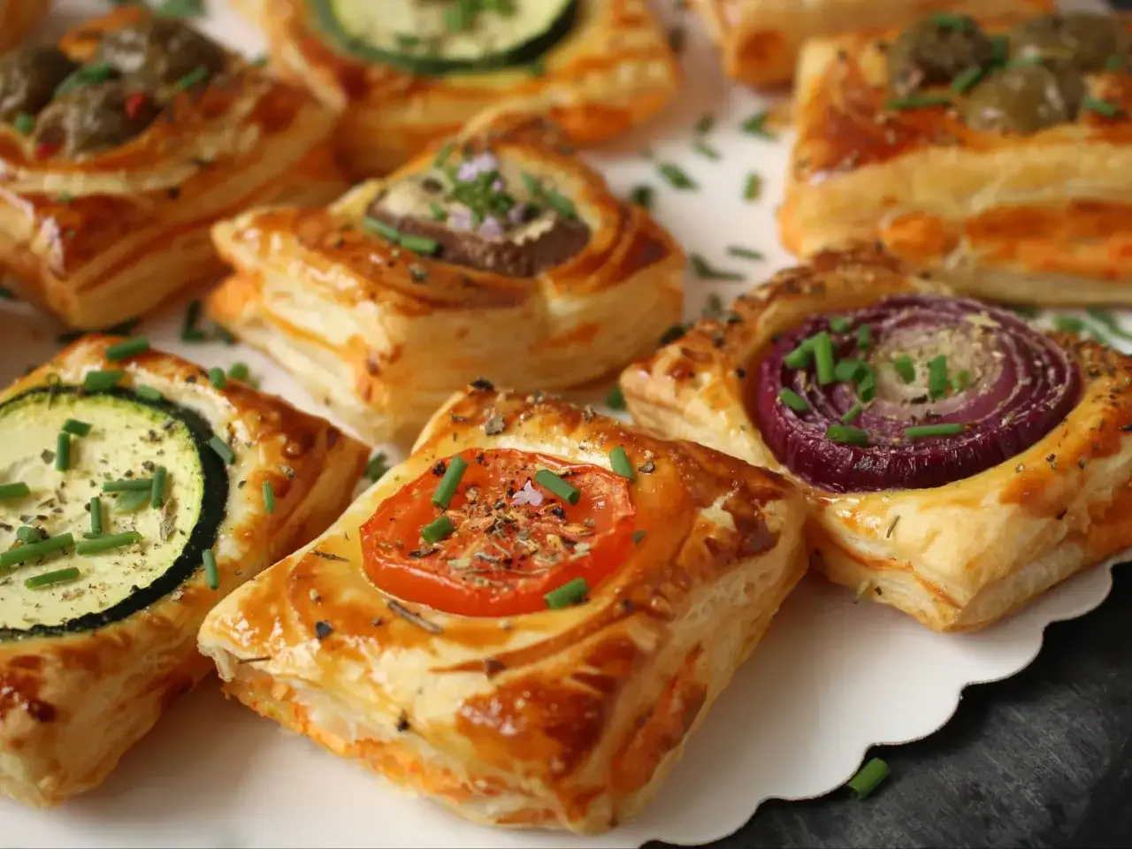 Pyszne przekąski z ciasta francuskiego: z cukinią, pomidorem, cebulą i oliwkami. Idealne na każdą okazję!