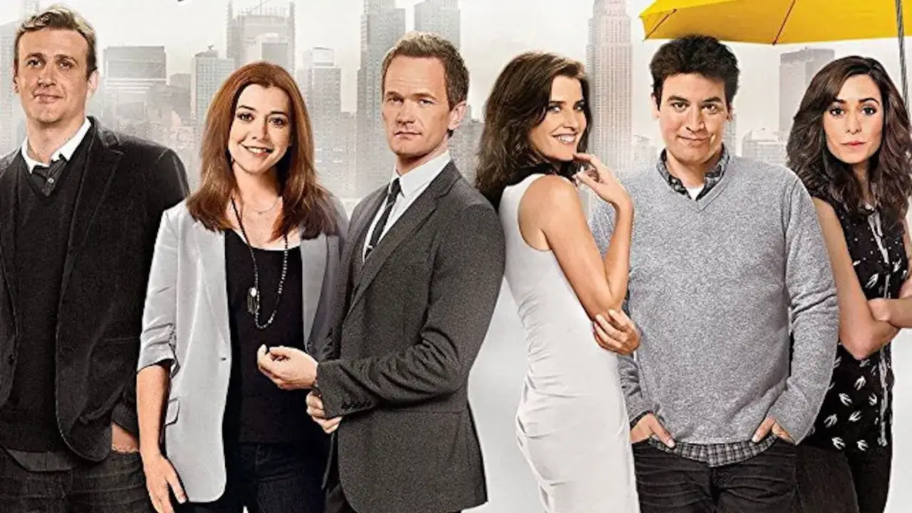 Jak poznałem waszą matkę obsada: Marshall, Lily, Barney, Robin, Ted i Tracy stoją razem na tle Nowego Jorku.