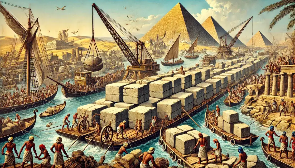 Transport blok&oacute;w kamiennych starożytny Egipt Nil