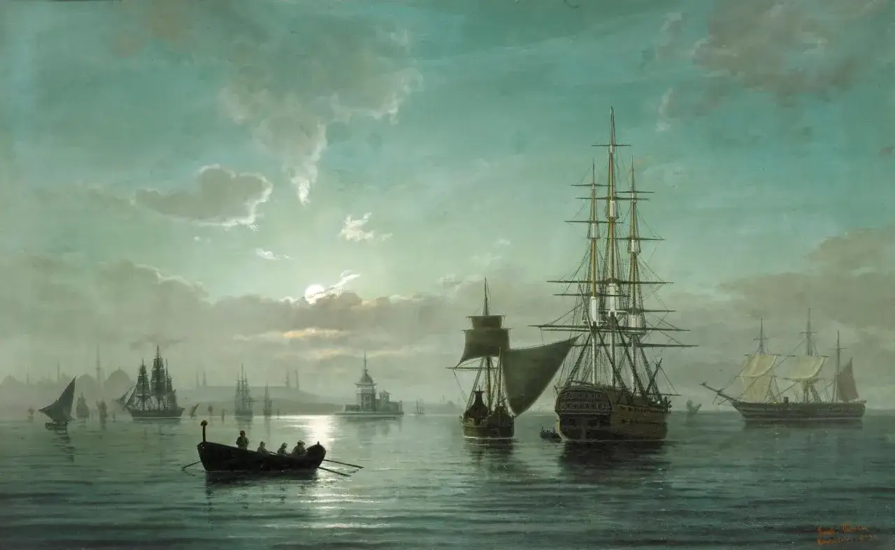 Malarstwo marynistyczne autorzy: obraz przedstawia port z żaglowcami i łodzią, w tle widoczne miasto.