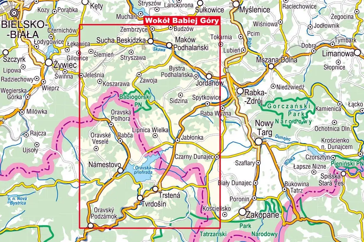Mapa pokazuje okolice Babiej G&oacute;ry, z zaznaczonymi miastami jak Bielsko-Biała, Żywiec, Nowy Targ i Zakopane.