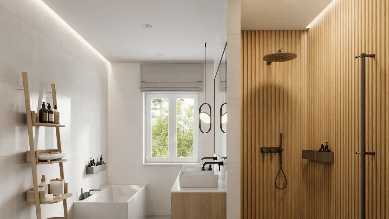 Nowoczesna łazienka z drewnianą ścianą w strefie prysznicowej. Wygodny prysznic z deszczownicą i słuchawką, a obok półka z kosmetykami.