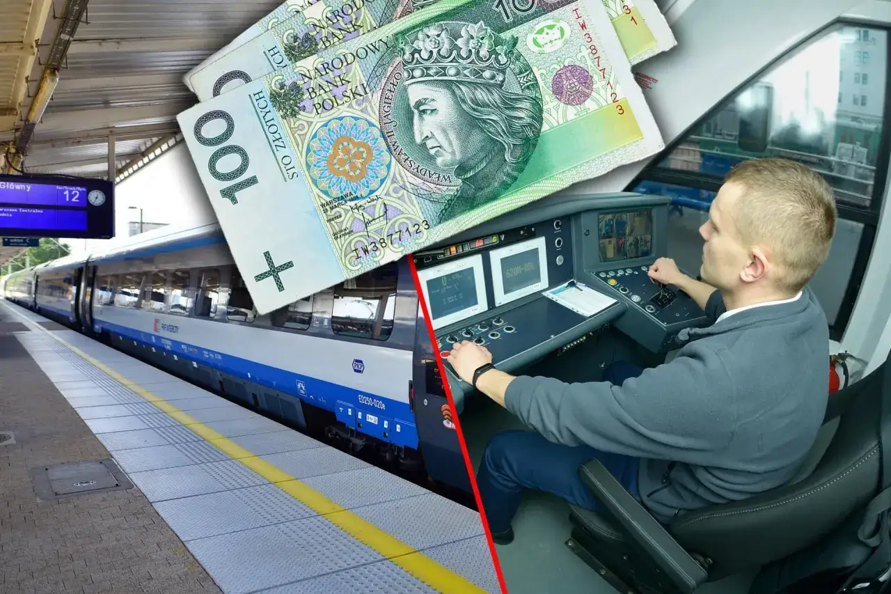 Motorniczy pociągu za sterami, a nad nim polskie banknoty. Zastanawiasz się, ile zarabia motorniczy pociągu?