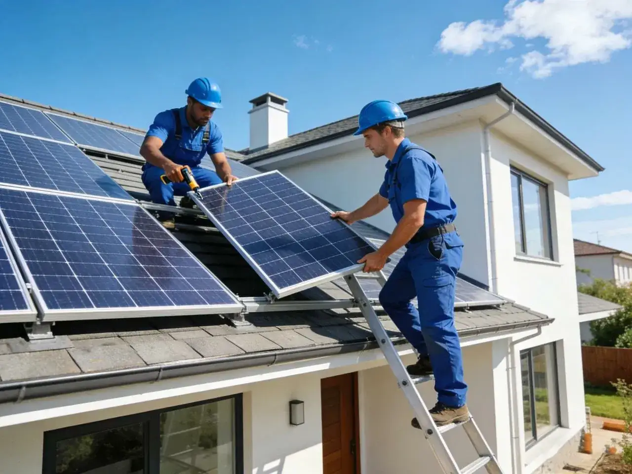 Instalatorzy montują panele fotowoltaiczne na dachu. Dowiedz się, ile wynosi dofinansowanie do fotowoltaiki i zacznij oszczędzać!