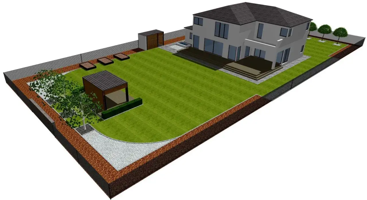 Jak zaprojektować ogród przed domem: nowoczesny dom z tarasem, trawnikiem, altaną, drzewami i małym basenem.