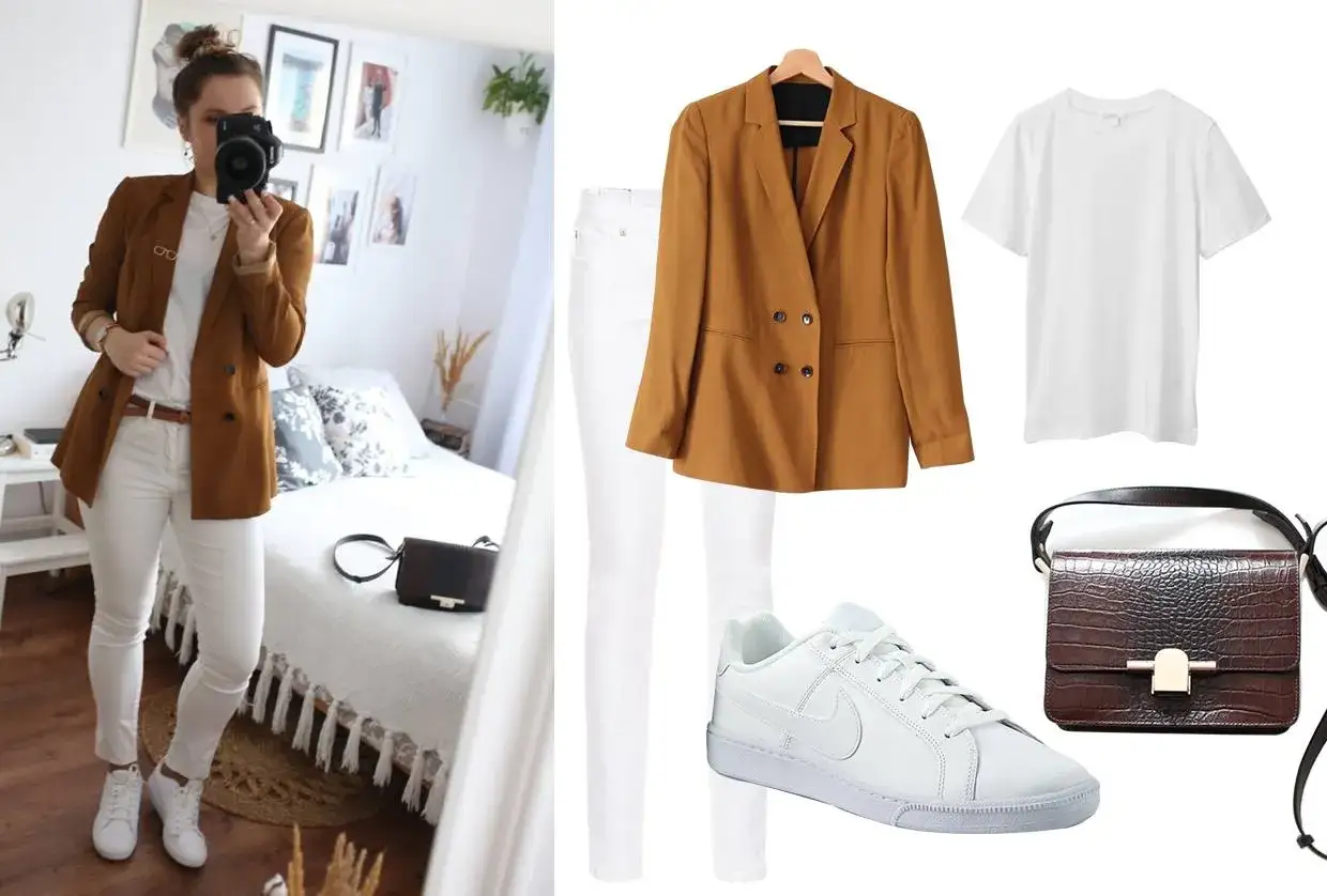 Białe buty damskie świetnie pasują do białych jeansów i brązowej marynarki, tworząc stylowy, casualowy look.
