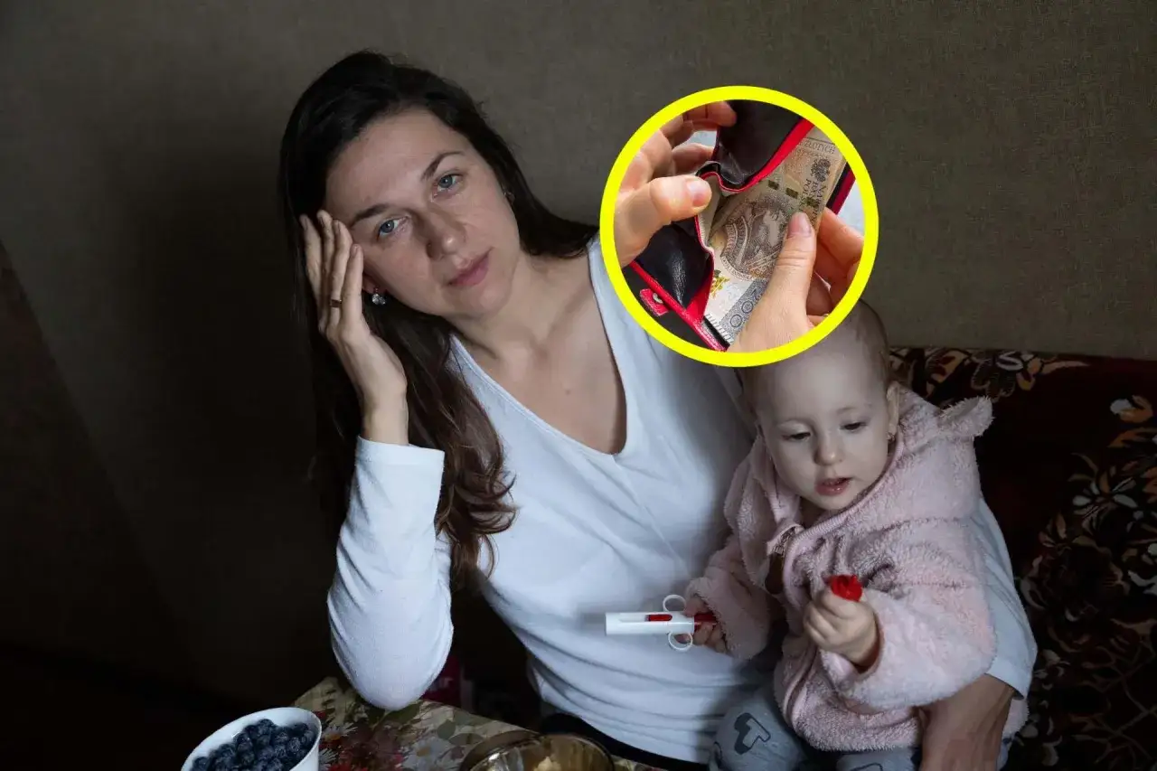 Samotna matka z dzieckiem, zmartwiona, liczy ostatnie pieniądze.