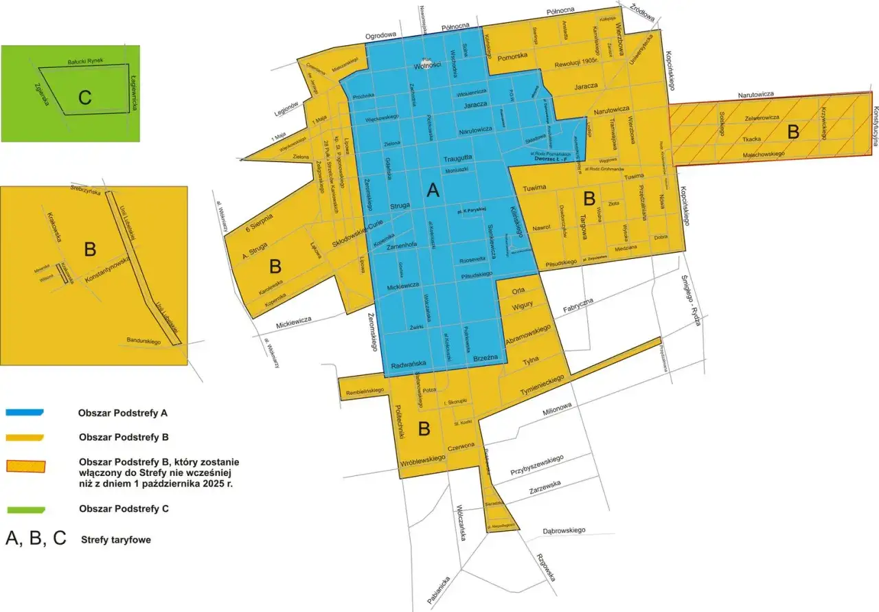 Mapa stref taryfowych A, B, C. Obszar B, który zostanie włączony do Strefy nie wcześniej niż z dniem 1 października 2025 r., tworzy zintegrowany węzeł przesiadkowy.