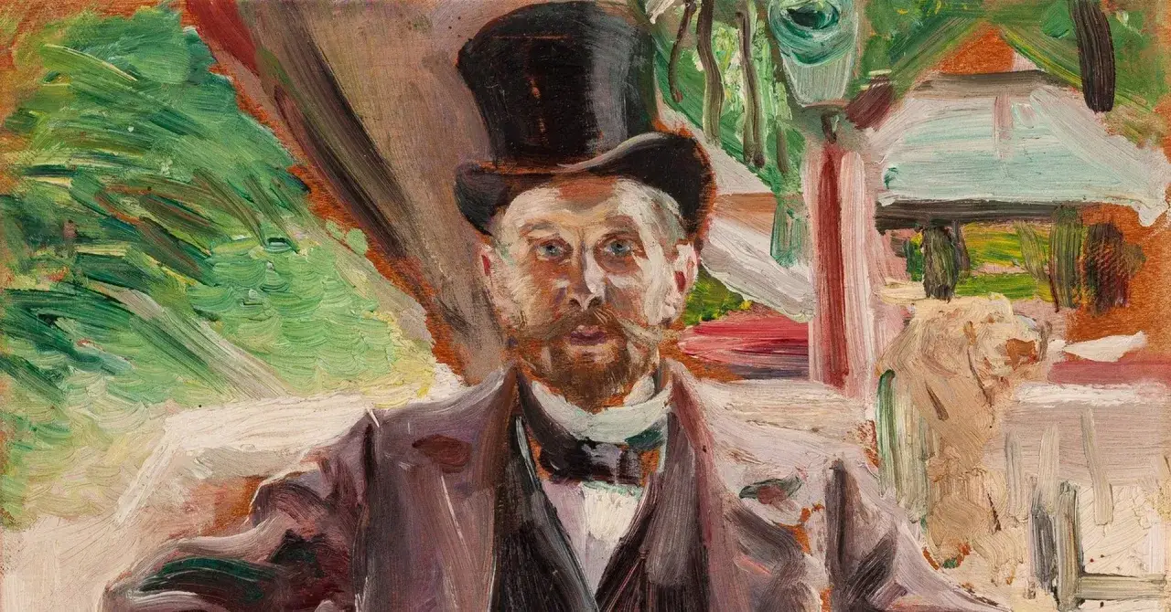 Wrocław wystawa malarstwa: portret mężczyzny w cylindrze i eleganckim stroju, obok niego pies.