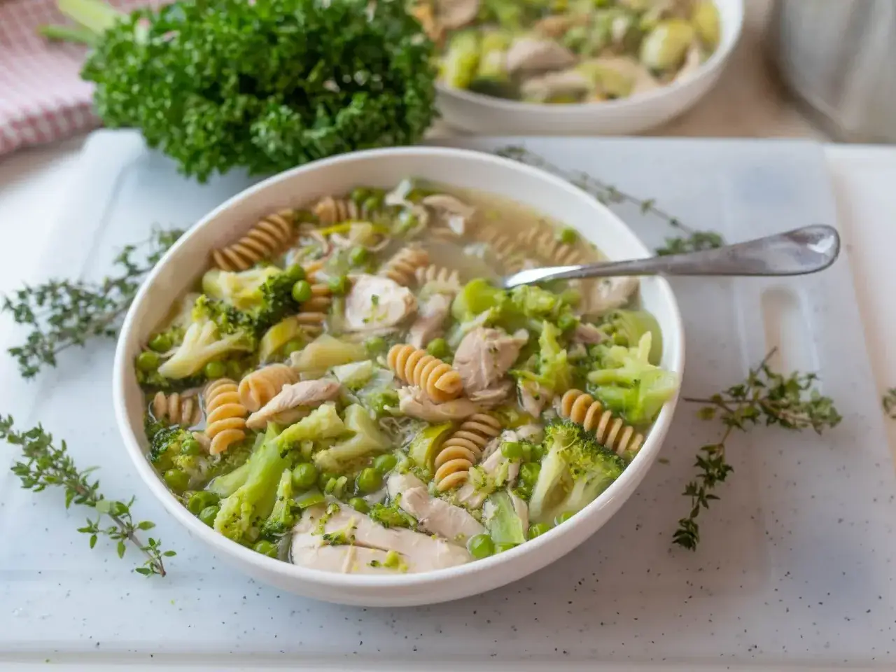 Pyszna zupa z kurczakiem, makaronem i brokułami – idealne danie, co można zjeść na obiad.